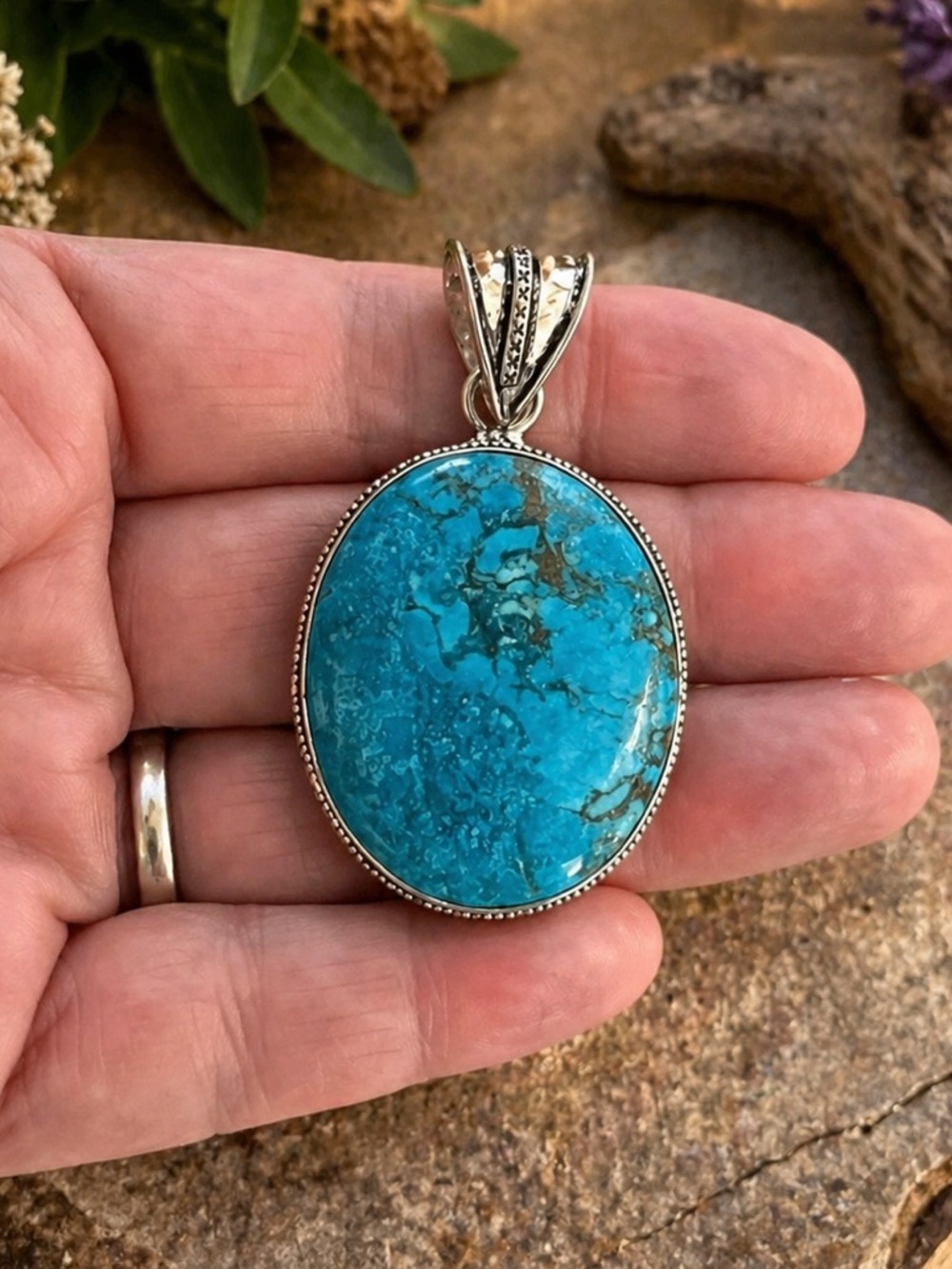 Large Turquoise Gemstone Sterling Silver Pendant